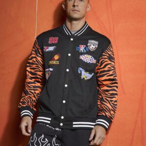Boyfriend Style Men's Baseball Collar Tie Pocket Letter & Cartoon Printed Sports Jacket Workout Tops - Image 6