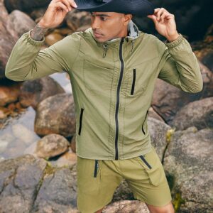 Boyfriend Style Men's Solid Color Zipper & Drawstring Closure Hooded Sports Jacket, Suitable For Hiking, Outdoor Travel - Image 6