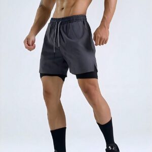 Boyfriend Style Men Solid Color Drawstring Casual Sports Shorts Grey Shorts - Image 5