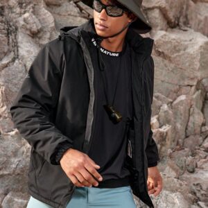 Boyfriend Style Men's Zipper Stand Collar Drawstring Hooded Sporty Padded Coat