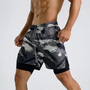 Men Camo Print Drawstring Waist 2 In 1 Sports Shorts With Phone Pocket, Grey Shorts Gym Shorts