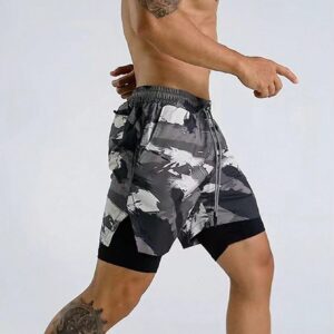Men Camo Print Drawstring Waist 2 In 1 Sports Shorts With Phone Pocket, Grey Shorts Gym Shorts - Image 3