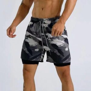 Men Camo Print Drawstring Waist 2 In 1 Sports Shorts With Phone Pocket, Grey Shorts Gym Shorts - Image 4