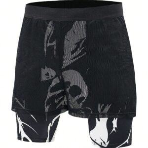 Boyfriend Style Men's Ghost Printed Contrast Mesh 2 In 1 Sports Shorts
