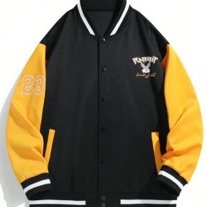 Boyfriend Style Men's Spring And Autumn Casual Color Block Baseball Collar Jacket With Letter And Number Print Workout Tops