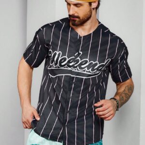 Boyfriend Style Men's Letter Striped Print V-Neck Short Sleeve Casual Sports T-Shirt Workout Tops