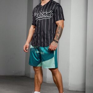 Boyfriend Style Men's Letter Striped Print V-Neck Short Sleeve Casual Sports T-Shirt Workout Tops - Image 6