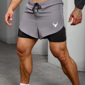 Boyfriend Style Men's Drawstring Waist Casual Sports Shorts With Bull Head Pattern Print Jogger Shorts Grey Shorts