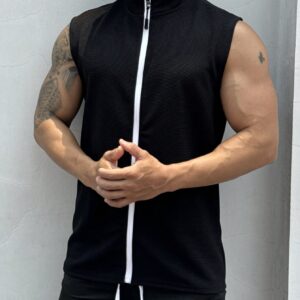 Boyfriend Style Men's Summer Solid Color Zipper Front Stand Collar Casual Sports Top Black Vest Mengym Top Menmen Sleevelesssleeveless For Menblack Top For Men