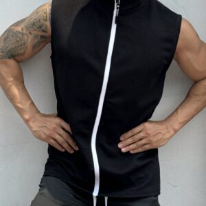 Boyfriend Style Men's Summer Solid Color Zipper Front Stand Collar Casual Sports Top Black Vest Mengym Top Menmen Sleevelesssleeveless For Menblack Top For Men - Image 3