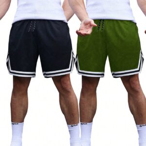 Boyfriend Style Men's Color Block Striped Drawstring Waistband Athletic Shorts With Woven Tape Detail, Summer Jogger Shorts