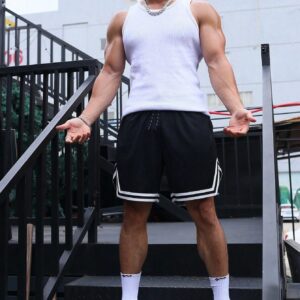 Boyfriend Style Men's Color Block Striped Drawstring Waistband Athletic Shorts With Woven Tape Detail, Summer Jogger Shorts - Image 3