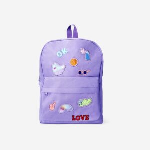 Purple backpack with icon patches